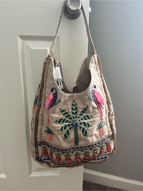 Zara beaded/sequin shopper parrot tote ananas summer tropical scene hobo bag NWT